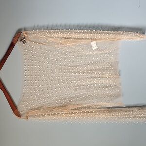 Davi & Dani Sheer Mesh Pearl and Stone Embellished Top in Nude Size 2XL